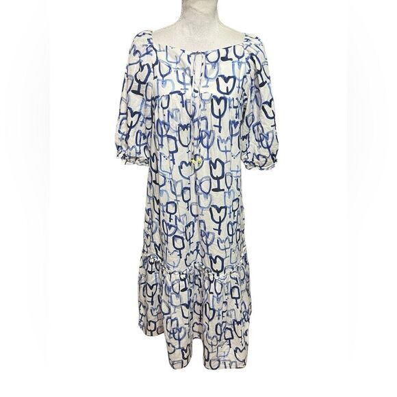 Kerri Rosenthal Joan Midi Dress Waves Artistic Tulip Print Blue White XS - Picture 2 of 6